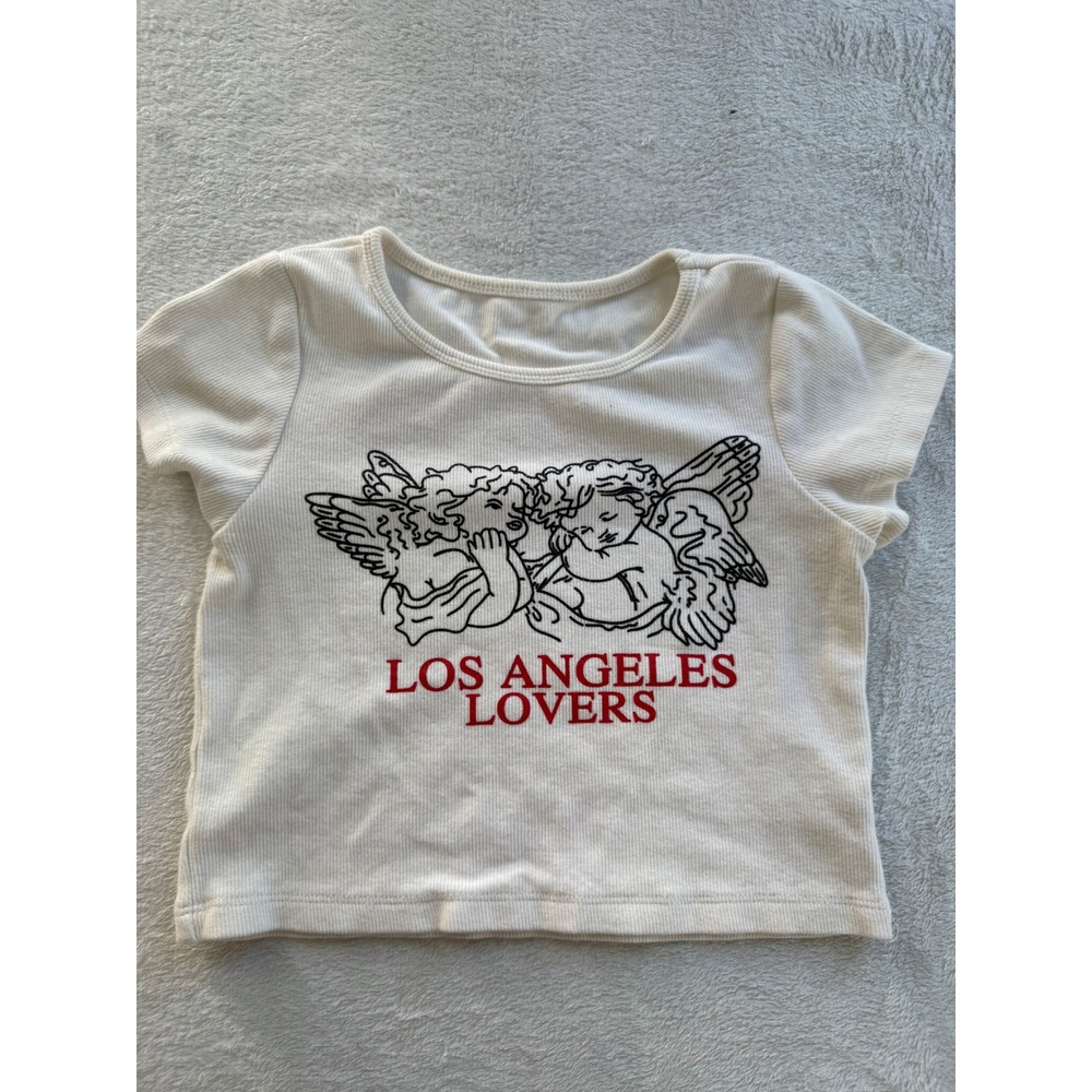 Los Angeles Lovers Cherub Graphic Baby Tee XS Women Ivory Ribbed Crop Top